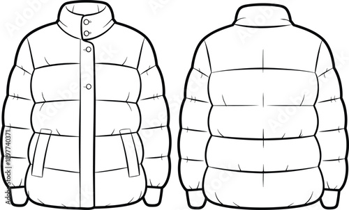 Winter padded jacket technical drawing, front and back view, insulated outerwear template, fashion apparel outline vector illustration, cad design, clothing