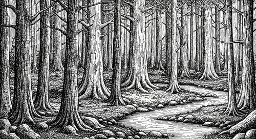 Vintage Engraving Style Forest Drawing. Black and White Woodcut Illustration of a Dense Wilderness with Winding Stream, Tall Trees, and Undergrowth.
