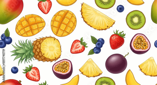 A vibrant seamless pattern featuring an assortment of colorful tropical fruits and berries including mango, pineapple, kiwi, strawberries, blueberries, and passion fruit.
