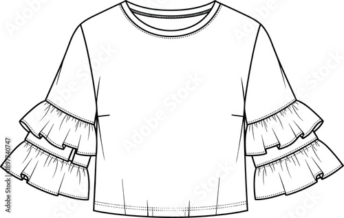 Women ruffle sleeve blouse technical fashion illustration vector, short sleeve top CAD drawing isolated on white background, minimal flat apparel