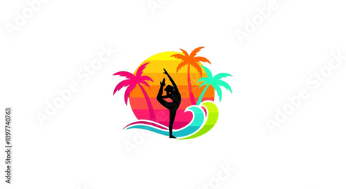 Tropical Yoga Retreat Logo Design: Woman Silhouette in Dancer Pose, Sunset Palm Trees, and Ocean Waves.