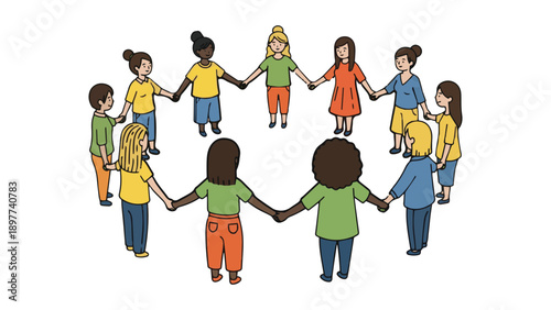 Diverse Multicultural People Holding Hands in Circle – Unity and Community Vector Illustration for Social, Diversity, and Inclusion Themes