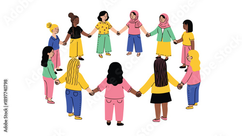 Diverse Multicultural People Holding Hands in Circle – Unity and Community Vector Illustration for Social, Diversity, and Inclusion Themes