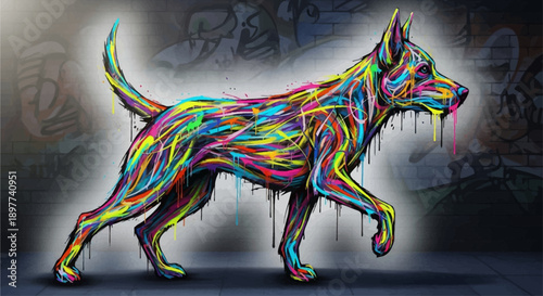 A colorful, abstract painting of a dog walking, rendered with vibrant, dripping paint strokes against a dark, urban background.