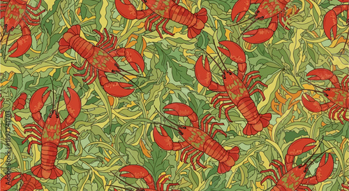 A vibrant repeating pattern illustration featuring numerous red lobsters against a background of green and yellow stylized underwater foliage.