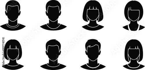 Avatar profile silhouettes set featuring male female head portraits user account icons minimal black flat vector illustration collection