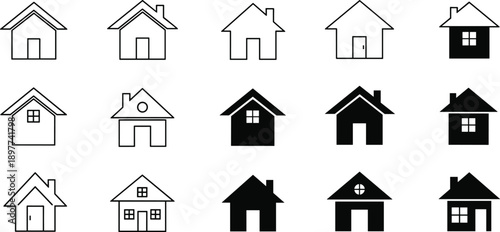 House icons set featuring home silhouettes outline and solid residential buildings property symbols flat vector illustration collection