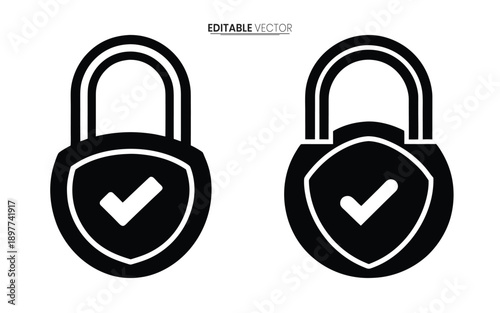 Two black padlock icons with checkmarks on shields representing security and verification high quality professional