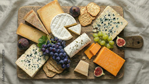 Gourmet cheese board flat lay featuring variety of artisan cheeses, brie, cheddar, blue, grapes, figs and crackers on wooden platter. Top down view of appetizer catering spread.