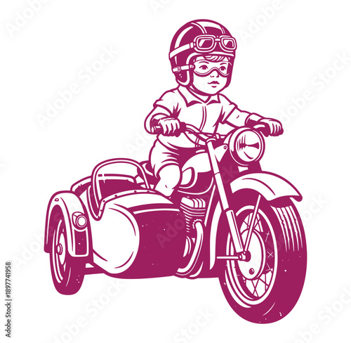 A child riding a motorcycle with sidecar wearing a helmet  fun and adventurous