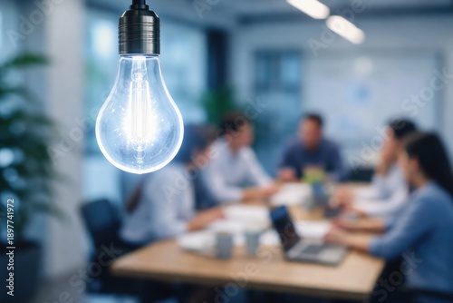An incandescent light bulb shines brightly in an office space where co-workers are having a meeting as a symbol of creative ideas and business solutions.