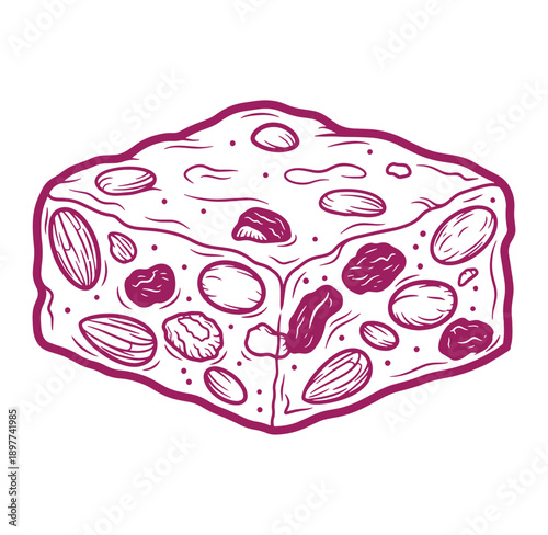 A drawing of a piece of chocolate fudge with nuts on white background  sweet treat