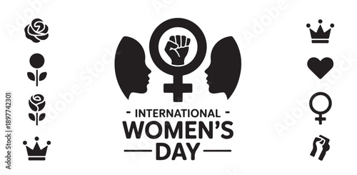 International womens day horizontal logo featuring feminine profiles and empowering symbols