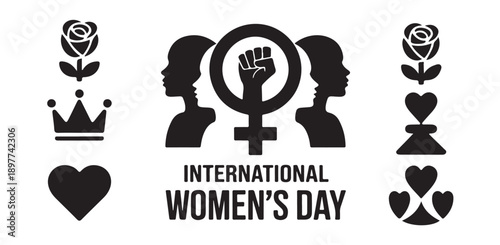 International womens day emblem with multiple female profiles and power fist within symbol