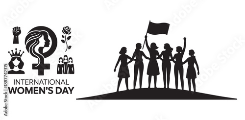 International women's day concept with female icons and group of women raising a flag