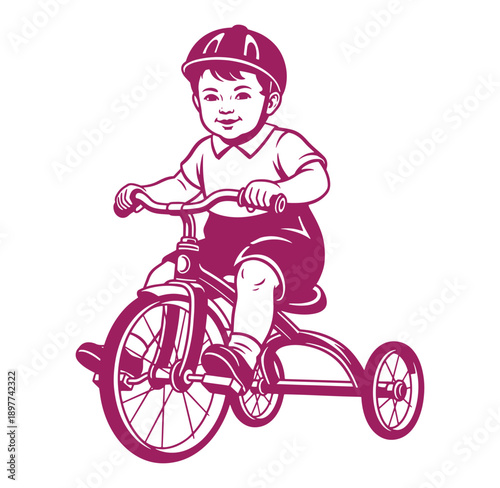 boy riding tricycle with helmet on transparent background