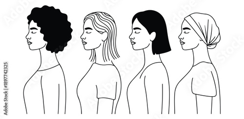 Diverse group of women in side profile with closed eyes showing peace and unity