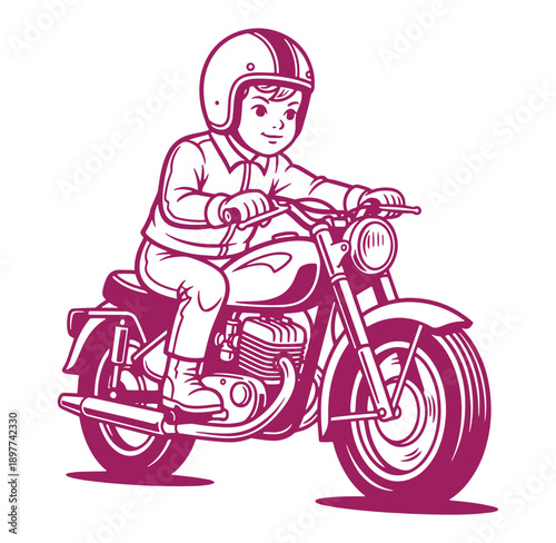 boy riding motorcycle with helmet on smiling and looking ahead on road