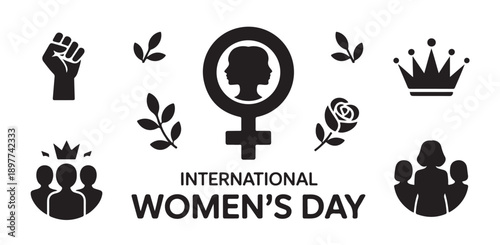 International women's day icons including female symbols, crown, fist, and women group