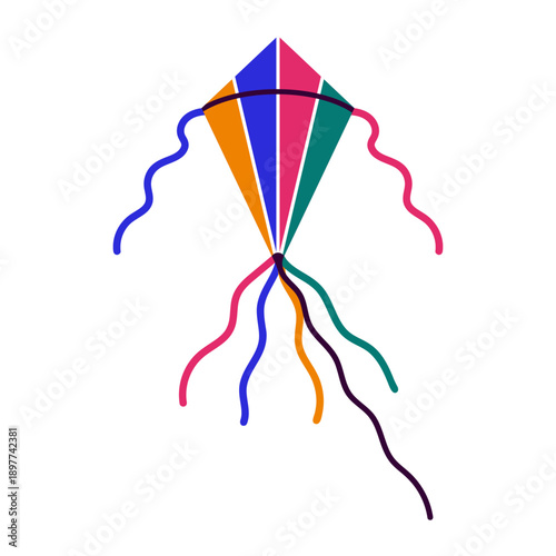 Colorful geometric diamond kite vector icon. Flying paper toy with bright ribbons, streamers. Fun striped element for outdoor play, parties, festivals. Kite for kids, summer hobby. Cartoon clip art