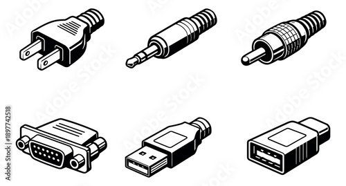 Line art electronic connector set featuring various plugs and sockets for technology and connectivity