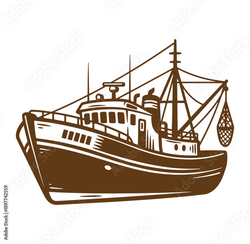 brown illustration of a fishing boat with a fishing net on the side