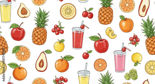 A vibrant, hand-drawn seamless pattern featuring a variety of fresh fruits like pineapples, apples, oranges, avocados, and glasses of colorful fruit juices.