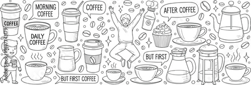 Coffee Culture Doodle Set, Hand Drawn Morning Cafe Elements, Espresso Cups and Beans, Barista Art