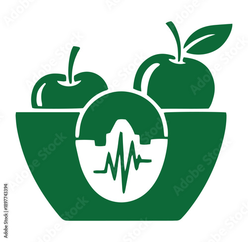 Green bowl with apples and a heart rate symbol on a white background