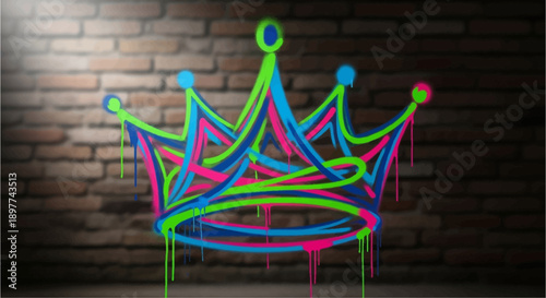 A vibrant neon graffiti crown painted on a dark brick wall, illuminated by a spotlight, showcasing urban art and street style.
