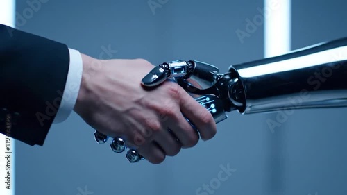 A human and robot hand shake in a futuristic setting, offering a symbol of a contract