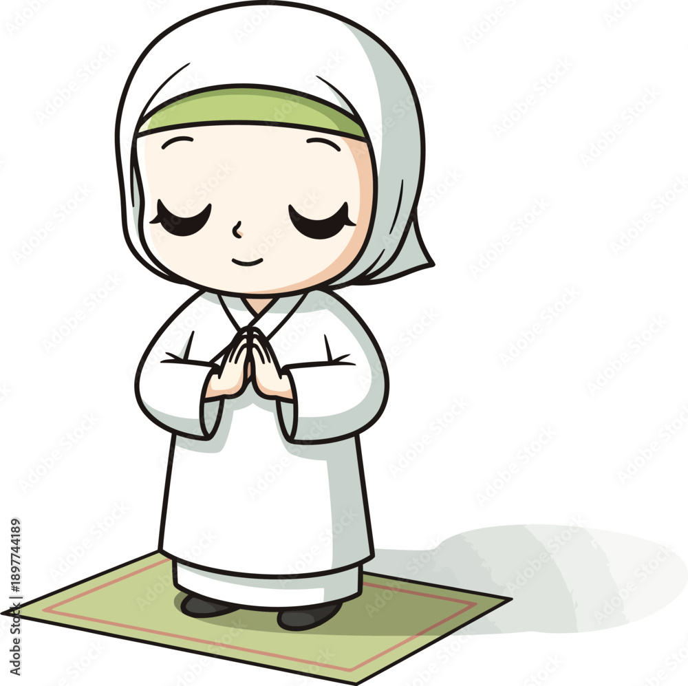 Fototapeta premium Cute cartoon Muslim girl in a white hijab and dress praying peacefully on a prayer mat.