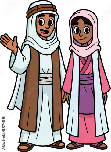 Friendly cartoon couple in traditional Middle Eastern or Biblical attire with the man waving his hand.