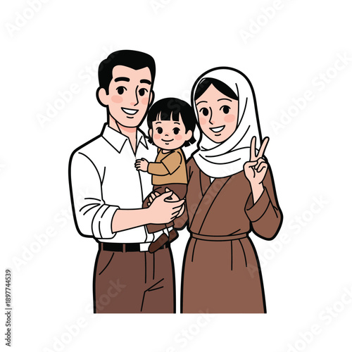 Tableau sur toile Happy cartoon Muslim family portrait with a father holding a child and a mother in a hijab making a peace sign