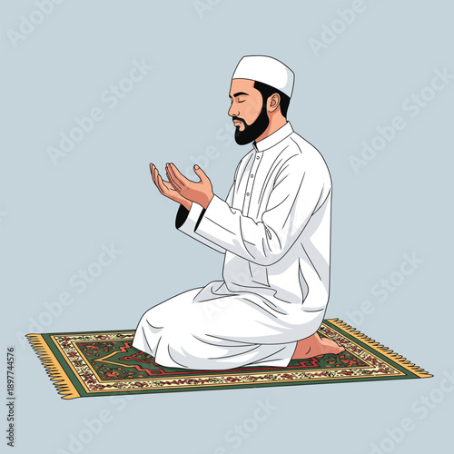 Illustration of a bearded Muslim man in a white thobe and kufi kneeling on a prayer rug with hands raised in supplication.