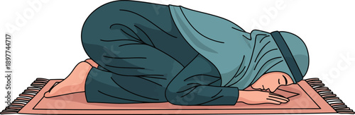 Illustration of a Muslim woman in a teal hijab performing the Sujud prostration on a prayer mat.