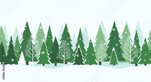 Seamless winter forest border with snowy evergreen trees and snowflakes backdrop