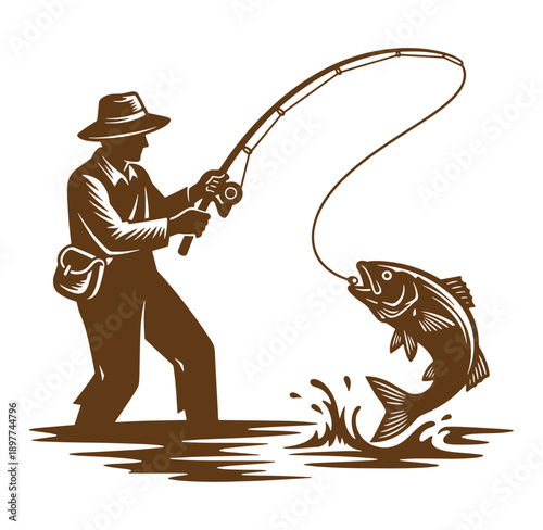 Man fishing with a rod catching a fish in the water outdoors recreational activity