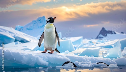 A single penguin stands proudly on a fragmented ice floe, gazing upwards. The background shows a stunning sunset over snow-capped mountains