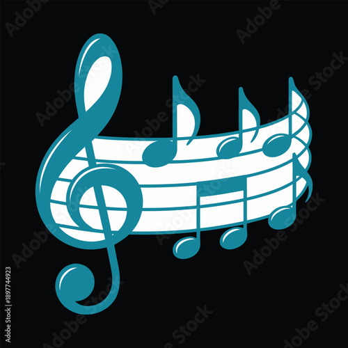 A stylized depiction showcases a musical clef intertwined with staff lines and notes presented in a teal color scheme on black high-quality.