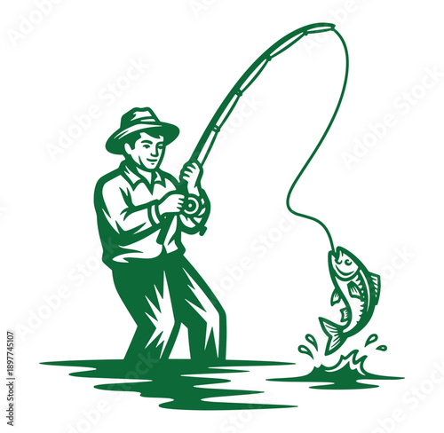 man in hat holding fishing rod catching big fish in water with green silhouette