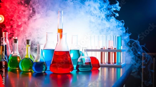 Laboratory Equipment with Colored Liquids and Smoke.