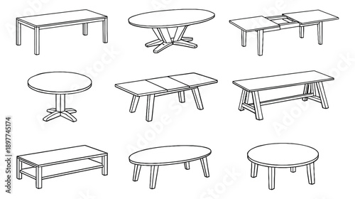 Hand drawn line art furniture set featuring various dining and coffee table designs for home interior design