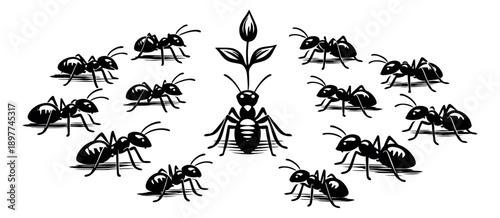 Hand drawn ant set featuring a queen ant with a plant sprout and worker ants for nature and biological themes