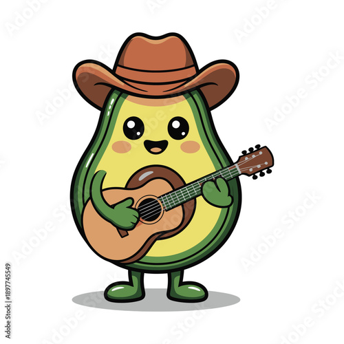 A cheerful cartoon avocado character is happily strumming a brown acoustic guitar wearing a classic cowboy hat with a red band high-quality.