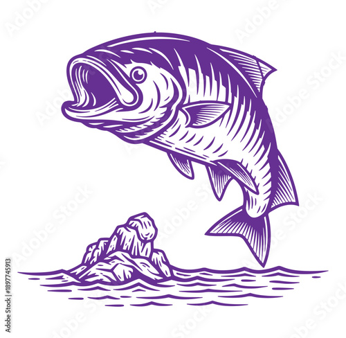 Purple fish jumping out of water with rock formation  aquatic scene