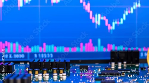 Bitcoin cryptocurrency on computer circuit board.