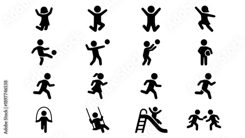 Collection of Black Silhouettes Representing Childrens Activities.