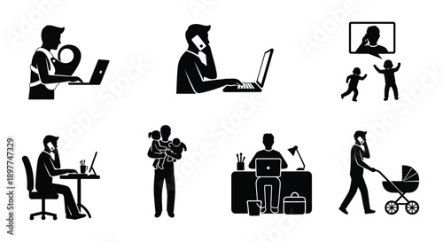 Black silhouettes of people working parenting and daily life activities in office and home settings with laptops children and chores