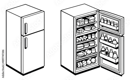 Line art isometric refrigerator set featuring a closed unit and an open unit with groceries for home kitchen appliance design